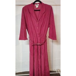 Vintage Willi of California Dress Midi Sz 16 Pink Faux Suede Belted Button Front